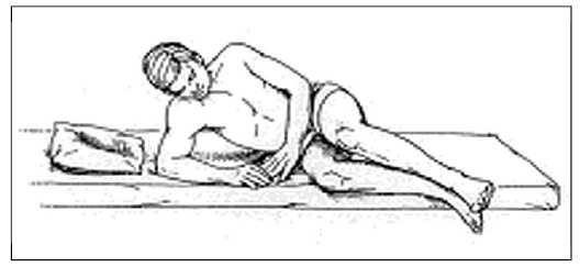 Getting out of bed Roll onto your side and bring your knees up towards your abdomen. Place your upper hand on the bed below your elbow.