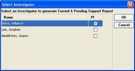 In the dialog box that appears, select an investigator and click the OK button.