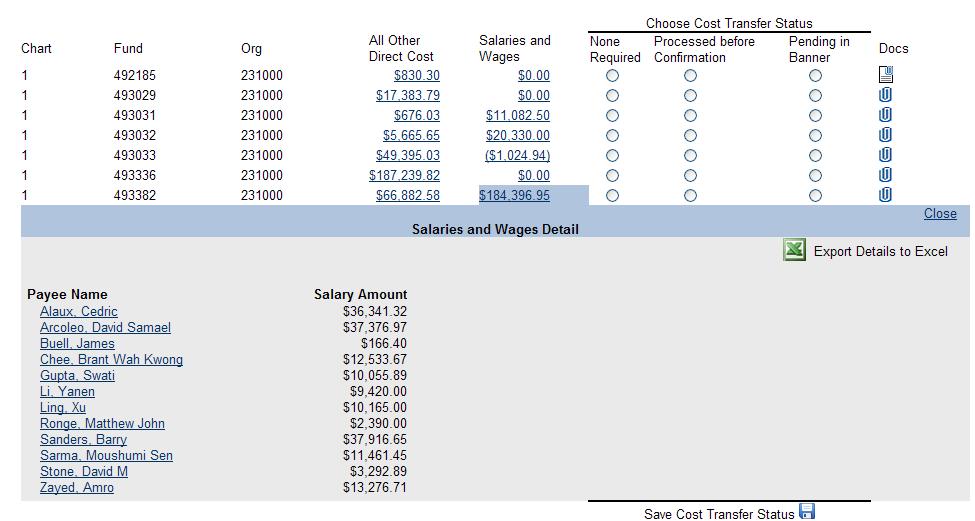 Summary by Payee Name Click a link under Salaries and Wages to display summary totals by Payee name for the selected report line. Click Close to close the summary by payee name.