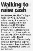 Date Publication Title Information Page number Article size Value 3 June 2014 Daily Echo Walking to raise cash