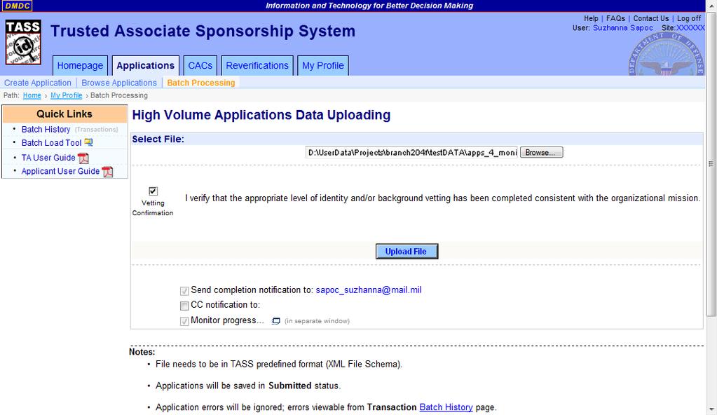 DMDC Trusted Associate Sponsorship System Page 102 Figure 74. Choose File Screen 7.
