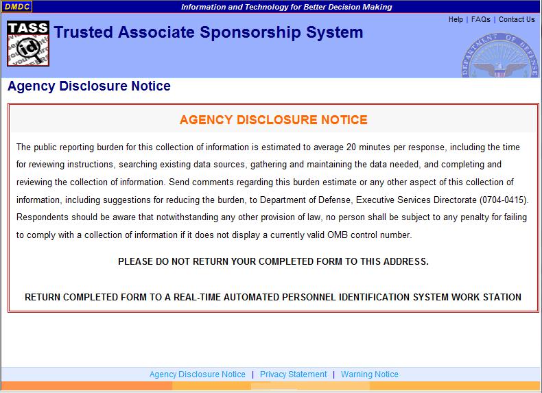 DMDC Trusted Associate Sponsorship System Page 117 Privacy Statement Warning Notice (see Figure 94)