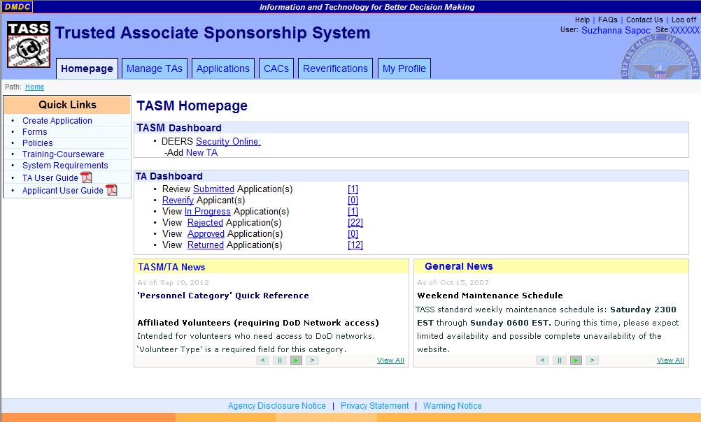 DMDC Trusted Associate Sponsorship System Page 38 Figure 9. TASM Homepage TASS_TASMhomepage_n ews.