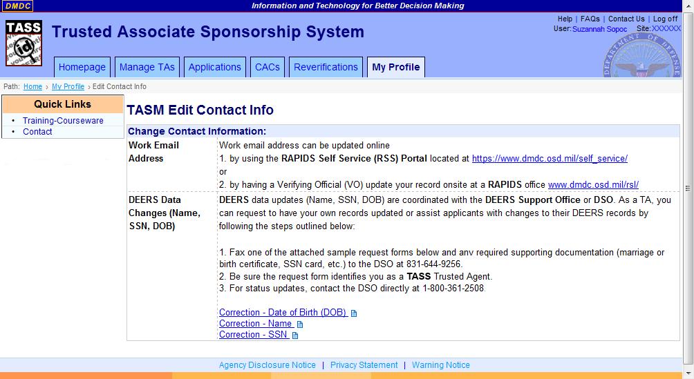 DMDC Trusted Associate Sponsorship System Page 40 Figure 11. TASM Edit Contact Info Screen TASM_edit contact info.