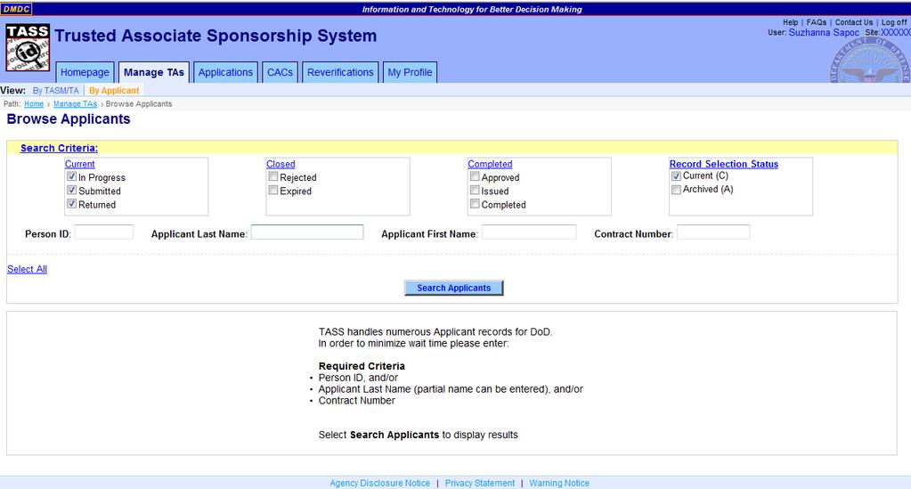 DMDC Trusted Associate Sponsorship System Page 48 Figure 20. Browse Applicants Screen TASS Browse by Applicant.png 3.