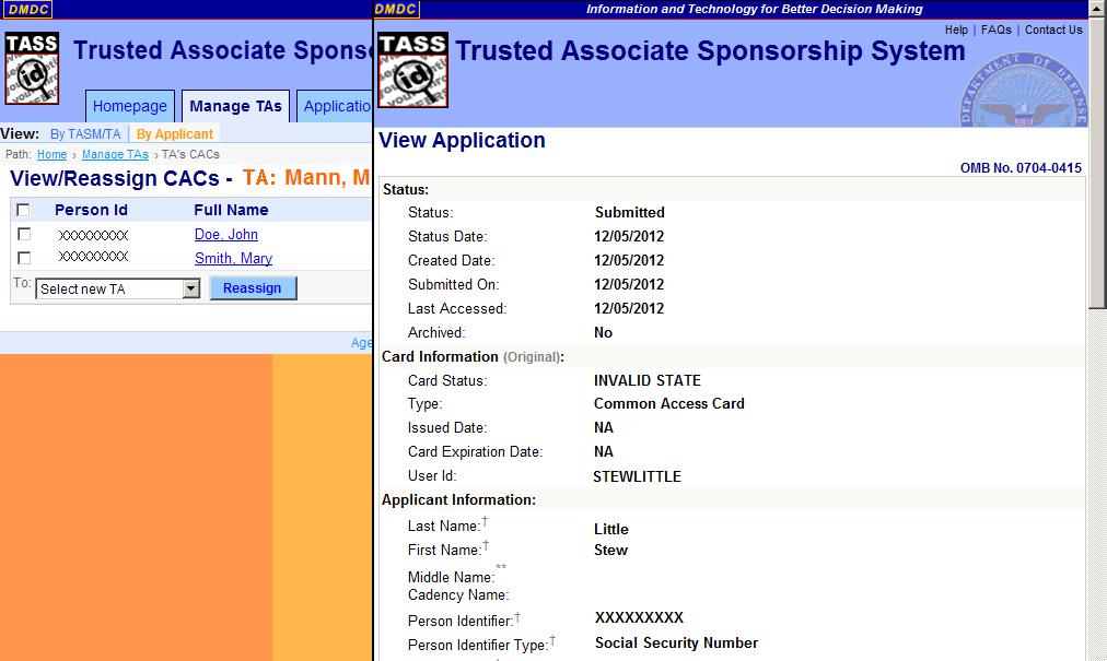 DMDC Trusted Associate Sponsorship System Page 52 Figure 24. TASM View Application Screen tasm_viewreassigncacs_collage_306.