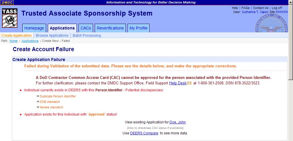 DMDC Trusted Associate Sponsorship System Page 69 Figure 40. Create Account Failure TA_create_acount_failure_ cropped.png Click Reset to clear changes 13.
