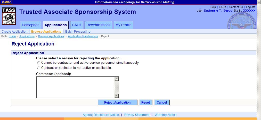 DMDC Trusted Associate Sponsorship System Page 87 Figure 57. Reject Application Screen Ta_applications_reject_lb.png 5.