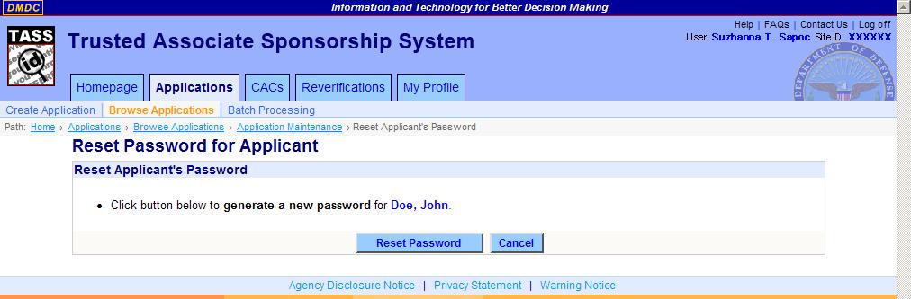 DMDC Trusted Associate Sponsorship System Page 89 1. Select the Applications tab. Result: The Browse Applications screen appears. 2.