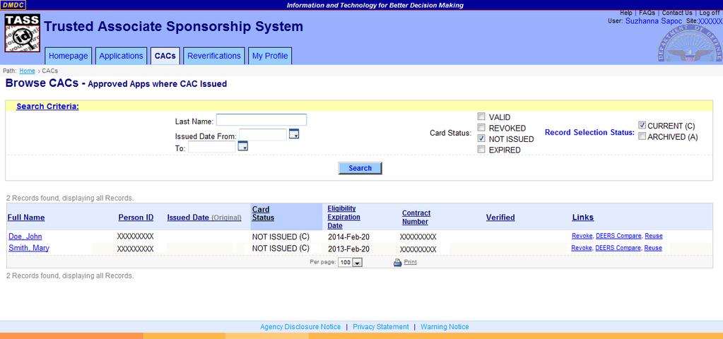 DMDC Trusted Associate Sponsorship System Page 92 Figure 64. Browse CACs Screen Search Results TASS_Browse CACs-approved apps.