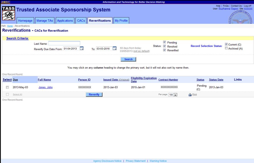 DMDC Trusted Associate Sponsorship System Page 94 Figure 66. Reverification Screen View Applicants TASS_reverify CAC.