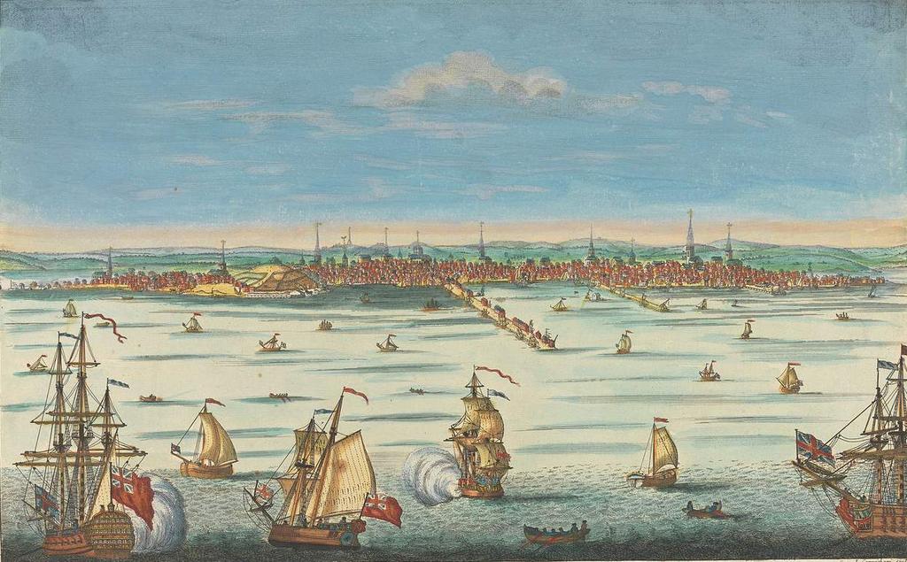 After the British left Boston, they went to Canada and King George set up a blockade of all the ports in the colonies. This image is titled A South-East View of the City of Boston in North America.