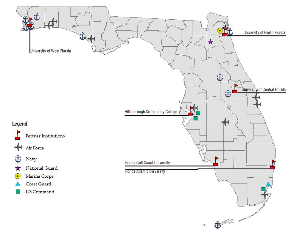 OPPAGA Report Report No. 18-04 Exhibit 2 Most Veterans Florida Entrepreneurship Program Partner Institutions Are Located in Areas of the State With a Strong Military Presence Source: OPPAGA analysis.