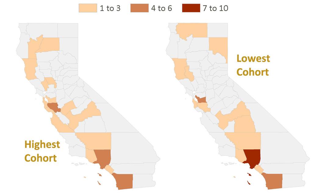 Geographic Concentration of Clinics by Cohort Geographic Distribution of Highest and Lowest Cohorts There are some interesting geographic distribution trends between the highest and lowest cohorts.