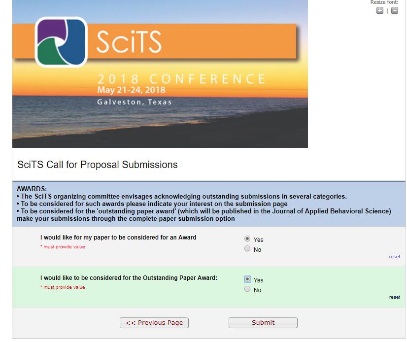 SciTS Call for Proposal Submissions Submission Instructions Page 4 of 4 Once completed, please select the submit button. A message will appear upon successful completion.