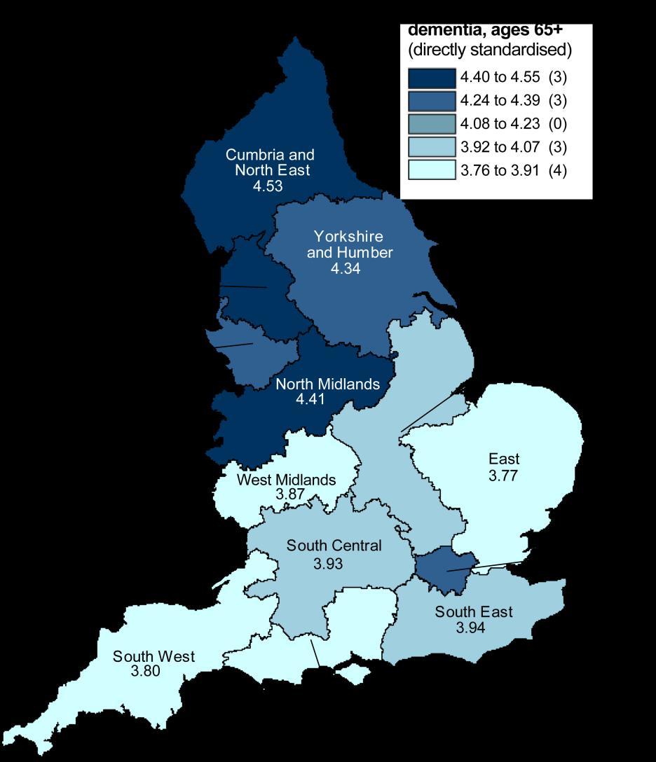 Proportion of people in England diagnosed with dementia Quality and Outcomes Framework (QOF) dementia subset A regional look at dementia The proportion of people