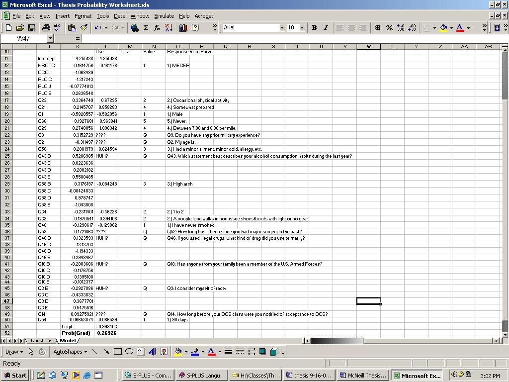 The spreadsheet calculates coefficients based upon the responses to each of the questions that were input on the previous page.