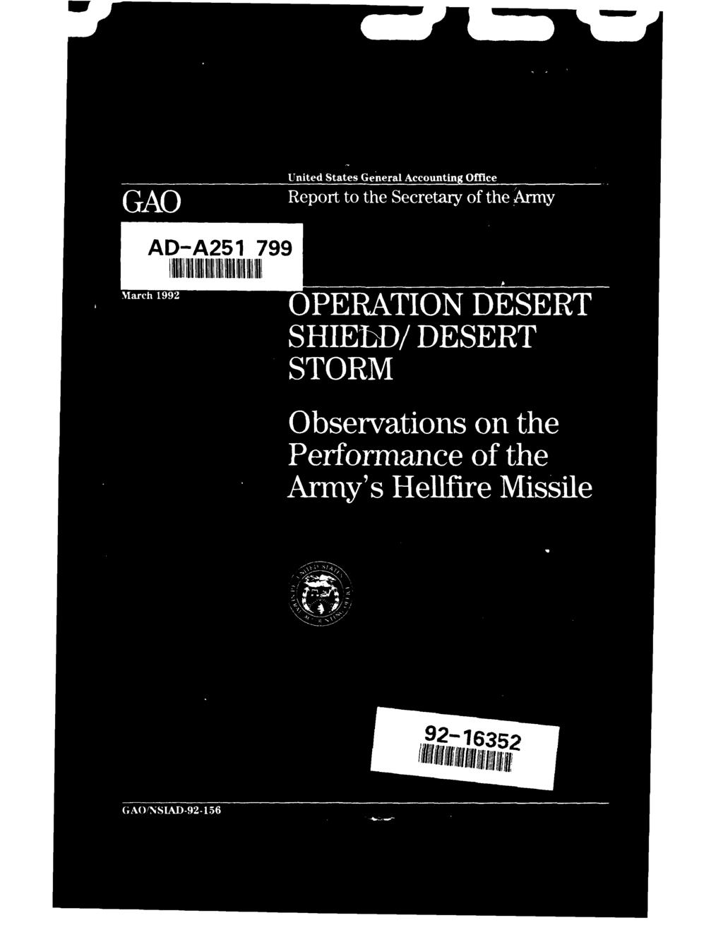 GAO United States General Accounting Offlee Report to the Secretary of the Amy AD-A251 799 Vi"ch 1992 OPERATION