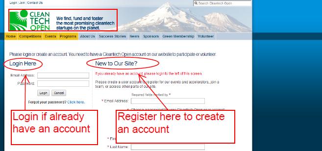 4.3. You will be taken to the Cleantech Open website for login or registration of an account.