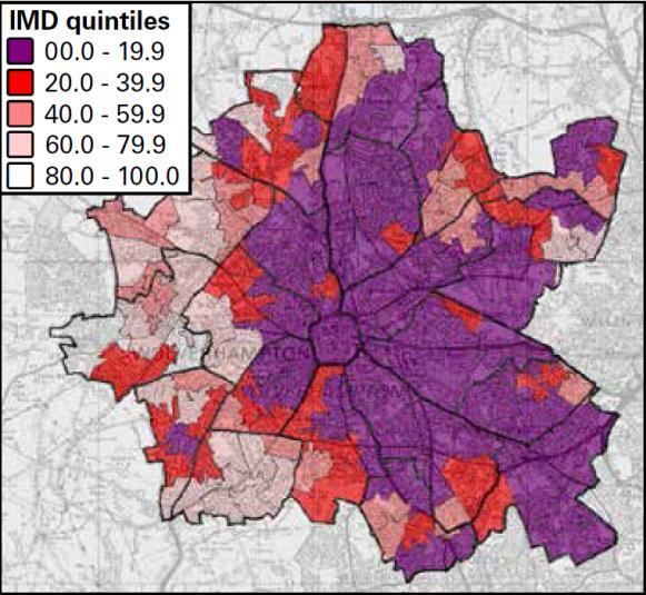 Figure 2 Map illustrating Index of Multiple Deprivation (IMD) quintiles across Wolverhampton.