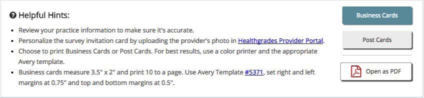 The button defaults to Business Cards option. Review your practice information for accuracy.