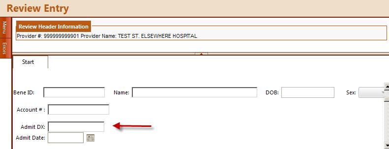 SUBMITTING REVIEW REQUESTS ONLINE START TAB Enter Admit DX (numbers only, no decimal point). eqhealth is contracted by HFS to review only a subset of HFS eligibility admissions.