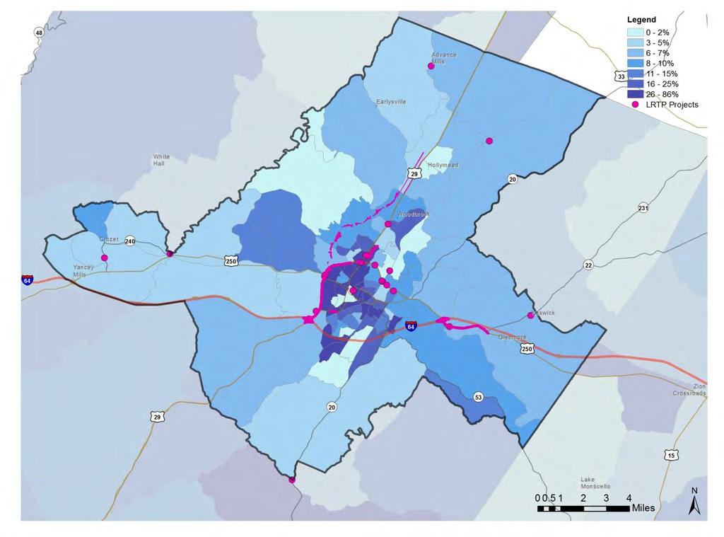 Charlottesville-Albemarle Metropolitan Planning Organization Low-Income The map in figure 3 displays the percentage of the population at the block group level living below the poverty line based on