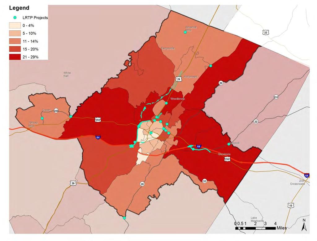 Charlottesville-Albemarle Metropolitan Planning Organization Age Figure 4 represents the percentage of individuals in the 65 and older age category by the census tract level, using data extracted