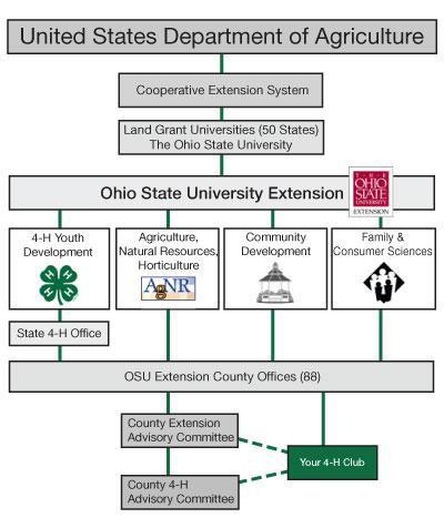 The Ohio 4-H Organizational Structure How 4-H is structured in Ohio Understanding who is commissioning the 4-H program and funding the team's experiences will help you better realize your role with