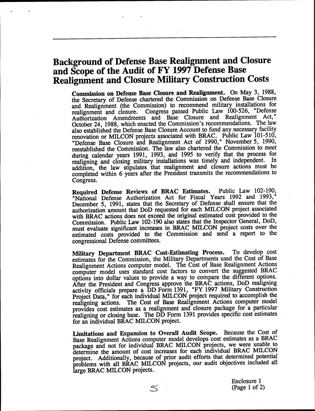 Background of Defense Base Realignment and Closure and Scope of the Audit of FY 1997 Defense Base Realignment and Closure Military Construction Costs Commission on Defense Base Closure and