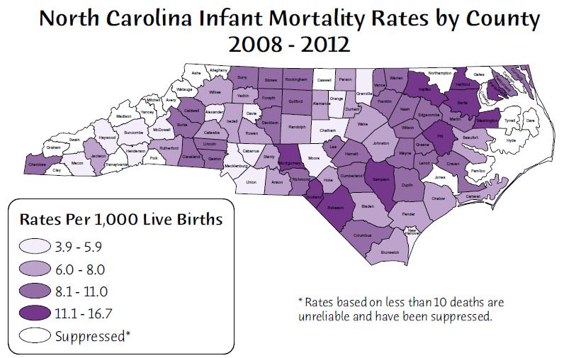 Infant Mortality 2006-2012 Infant Deaths per 1,000 live births According to the State Center 18 for Health Statistics, Robeson 16.2 County s infant mortality rates 16 16.2 14.