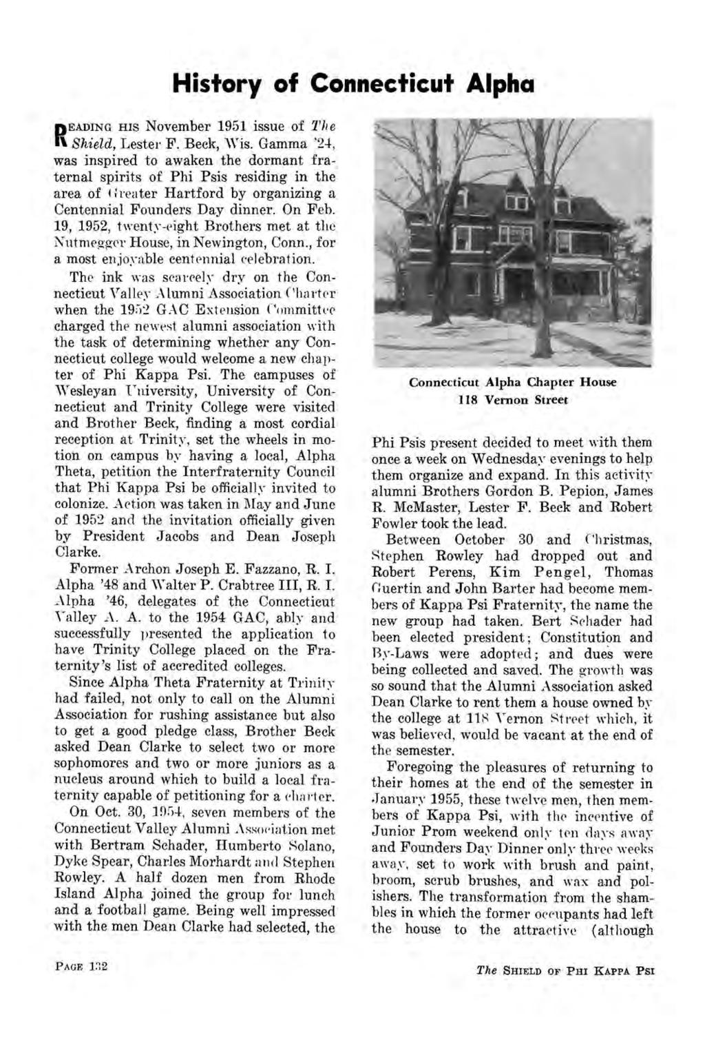 History of Connecticut Alpha EADING HIS November 1951 issue of 27; e R Shield, Lester F. Beck, Wis.