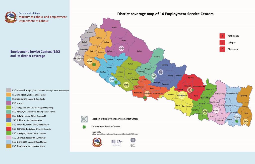 Employment Service Centres in Nepal ESCs Establishment Under new Nepal Development initiatives in 2010, the Government of Nepal established 14 ESCs