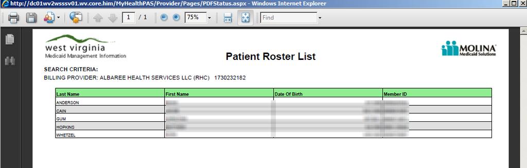 2. The Patient Roster List will display in a Portable Document Format (PDF). Refer to Figure 2-17.