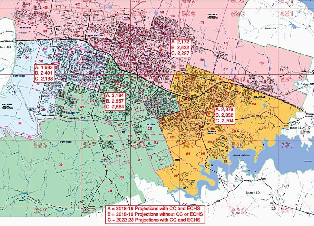 Projected Numbers in Current High School Zoning Killeen HS A: 2,172 B: 2,632 C: 2,263 Shoemaker HS A: 1,983 B: 2,491 C: 2,099 Ellison HS A: 2,184 B: 2,957 C: 2,545 A: