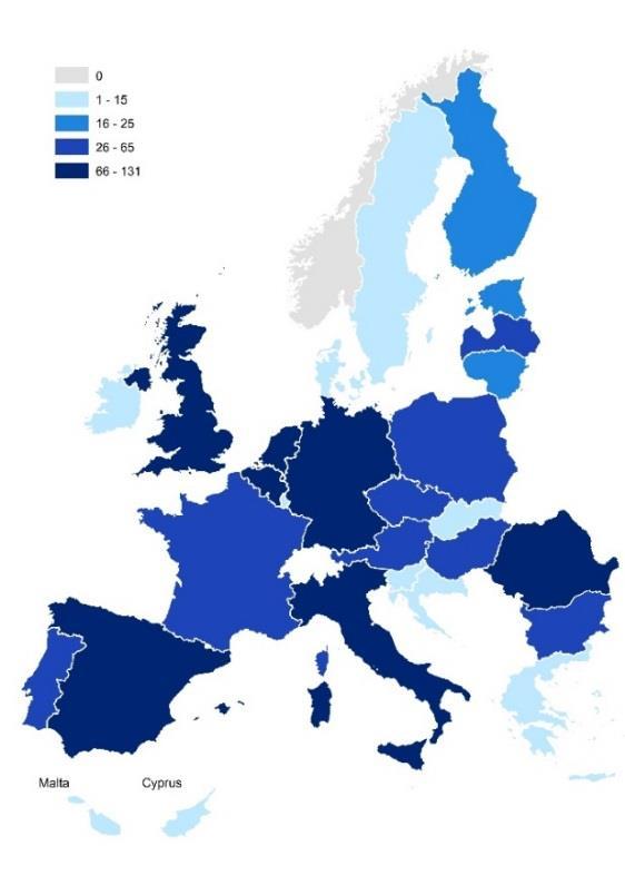 Figure 2-7 Total number of organisations per Member State participating in JPEN, including lead (left) and partner (right) organisations Furthermore, while lead organisations on average developed a