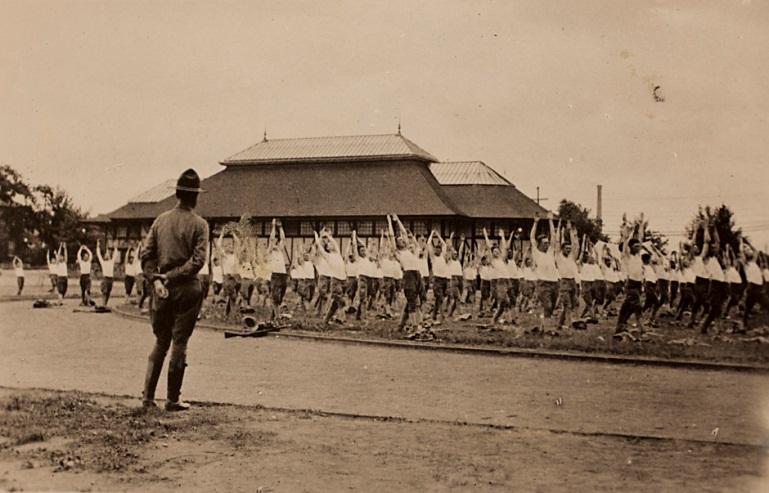 Setting up exercises, Harvard ROTC, Soldiers Field 1917-1918.