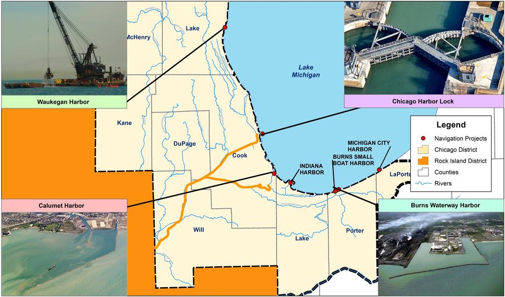 Chicago Navigation Seven Harbor projects 90% traffic within system 14,287 jobs in Chicago area $652 M in wages, salaries $2.