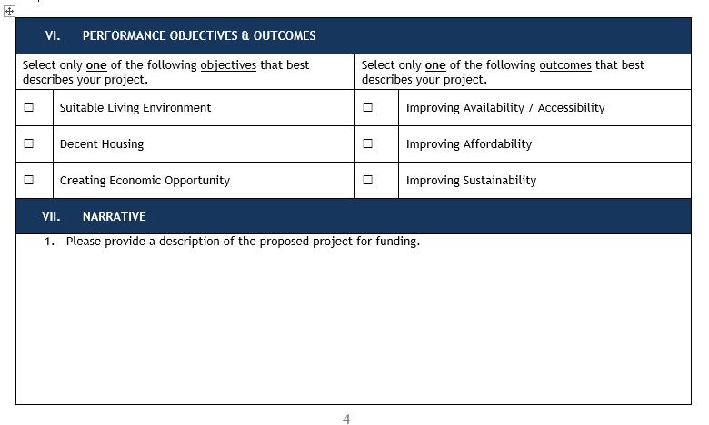 HOME Application Sections 7-8 22 Important: Performance Objectives: Select one (1) objective and one (1) outcome