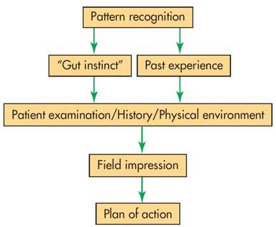Field Impression and Action Plan Paramedic forms field impression of patient s condition from pattern recognition and from "gut instinct" that comes from experience After making field impression, it