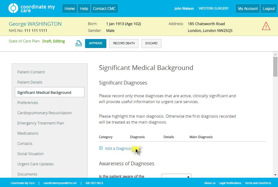 medical history that is relevant to the patient's urgent care. At the top of the Significant Medical Background screen is the Significant Diagnoses section.
