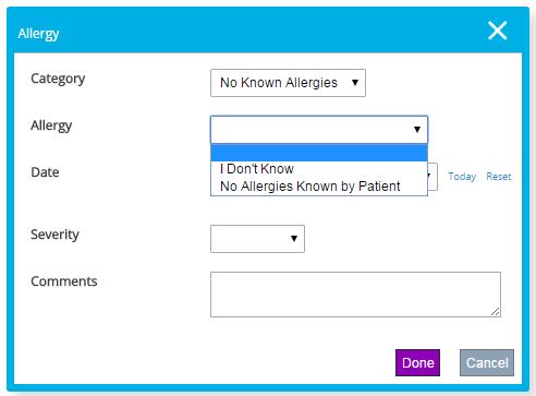 Allergies At the top of the Medication screen is a table for allergy information.