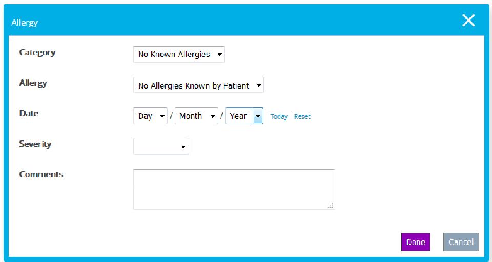 Anna has no known allergies. Select Category and then No Known Allergies. Select Allergy and then No Allergies Known by Patient.