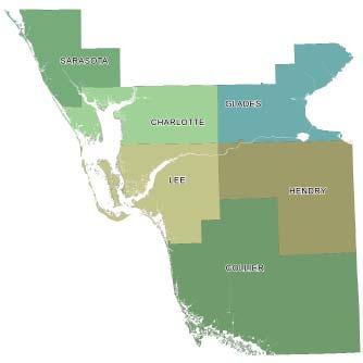 the region Southwest Florida Regional Planning Council serves Regional District 9 and consists of six counties with a total area (land and water) of 6,663 square miles and a land area of 5,986 square