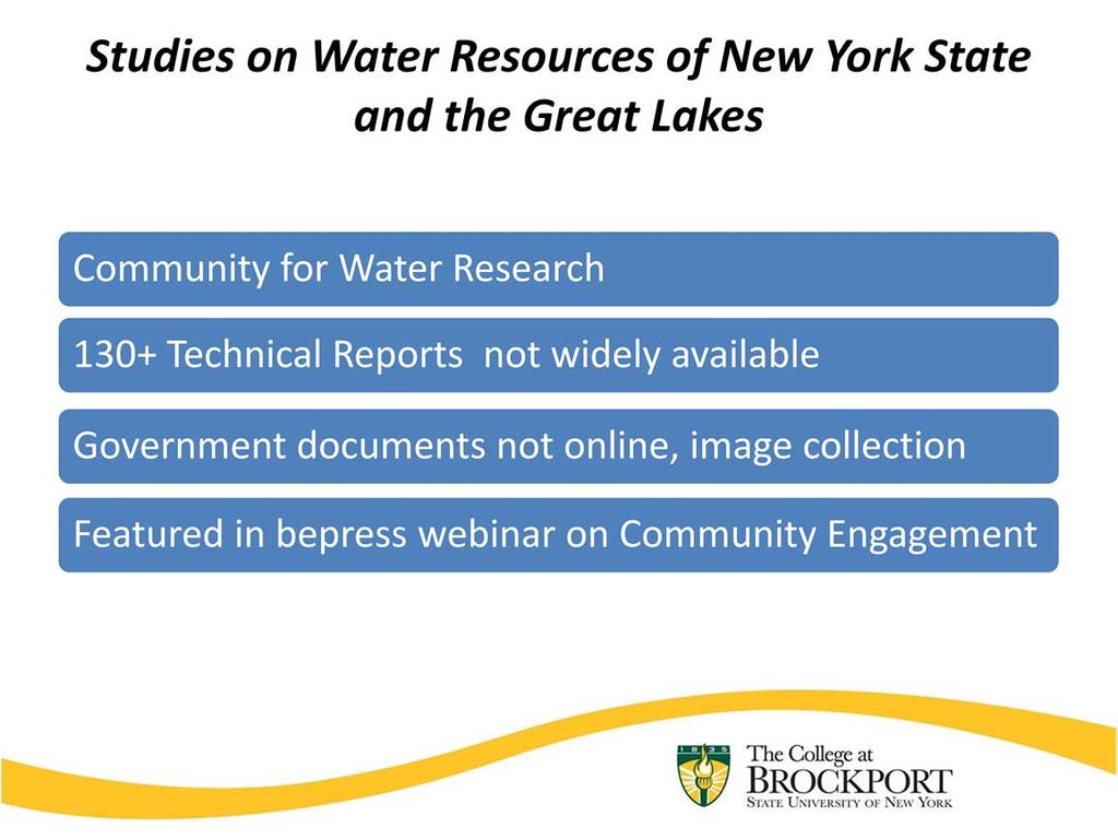 Water Resources collection unique opportunity to bring together all sorts of grey literature accumulation of one professor s life work other attempts have failed 2013 Year of Intensive Monitoring of