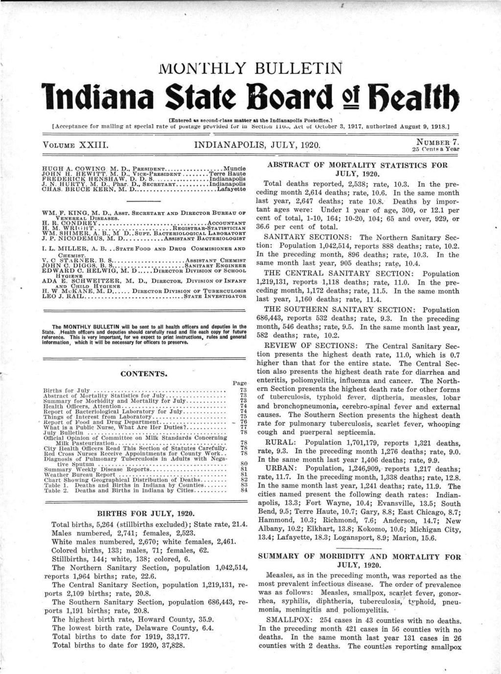 MONTHLY BULLETIN Indiana State BoardofHealth [Entered as second-class matter at the Indianapolis Postoffice.