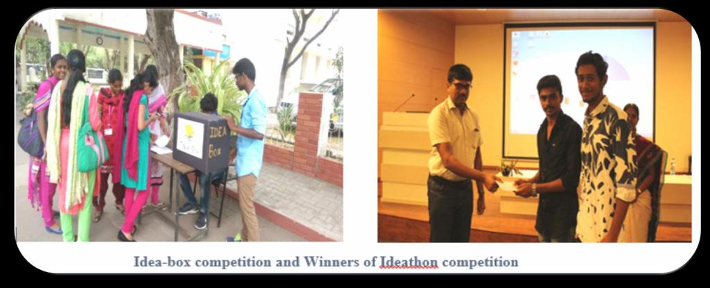 Ideathon, Hundred Rupee Venture and Idea-box were the events organized to bring out the innovative minds of the students in business ideas and the winners in each of the event were given attractive