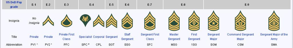 Army: Ranks, Titles, Insignias, Abbreviations Enlisted rank Structure Increasing Seniority Warrant Officer Rank Structure US DoD Pay Grade W-1 W-2 W-3 W-4 W-5 Insignia Title Warrant Officer One Chief