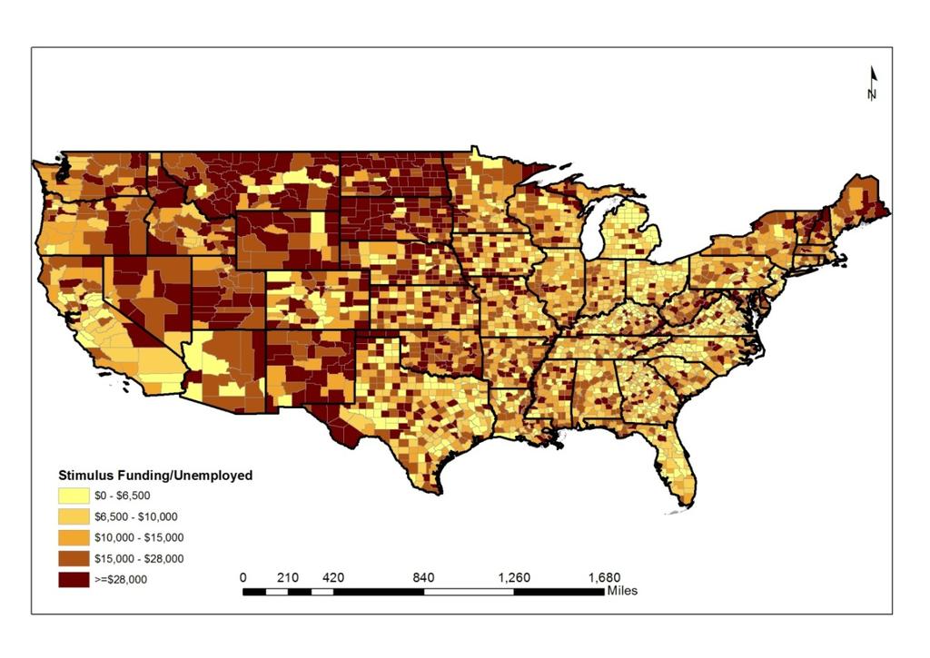 Examining the Spatial Distribution of Federal Stimulus Funds Figure 2 is a map that identifies the distribution of stimulus funding per unemployed persons.