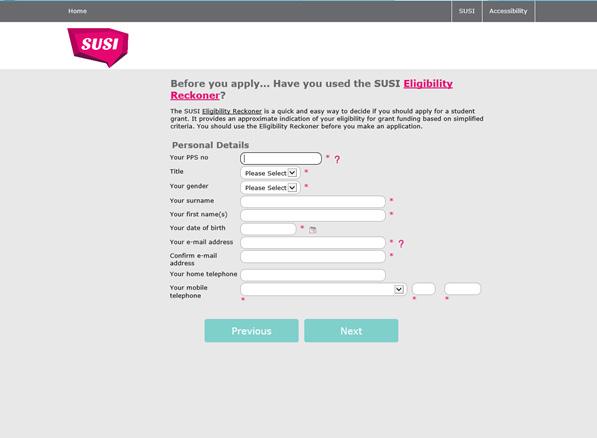 Online Registration of your SUSI Account You will then be brought to the page shown in the screen-shot above. This page will prompt you again to complete the Eligibility Reckoner before continuing.